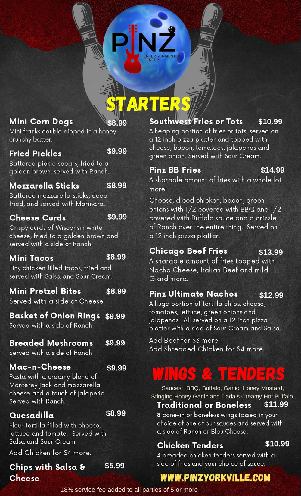 Pinz Food Menu Fall 2026 Page 1